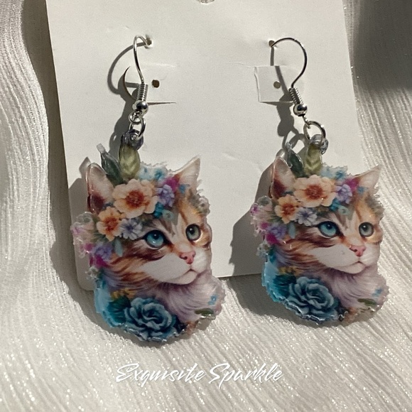 🌸😸Acrylic Hook Drop Beautiful Floral Cat Dangle Drop Earrings - Picture 4 of 10